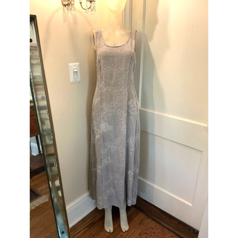 LINA TOMEI Made In Italy Linen Embroidered Maxi Dress Size Small Greenish Grey